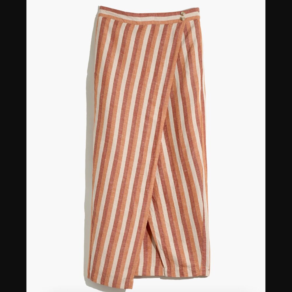 MADEWELL Pull-On Wrap Linen Midi Skirt in Stripe SZ S - Picture 4 of 6